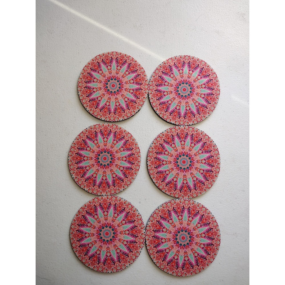 New 6pc Mandala Star Absorbent Rubber Drink Coasters Pink Teal‎ Bohemian 4 Inch